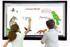 two children are writing on a whiteboard with pictures of animals and birds in it