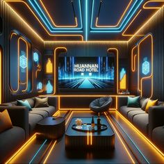 a living room filled with furniture and neon lights