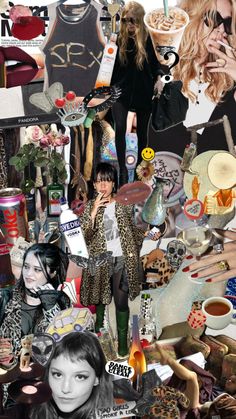 a collage of photos with women's clothing and other items on the table