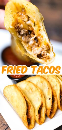 fried tacos on a white plate with sauce and text overlay that reads fried tacos