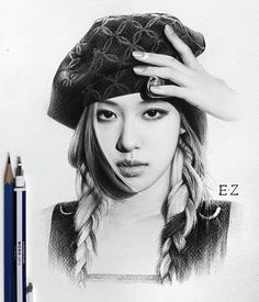 a pencil drawing of a woman with braids and a hat on top of her head