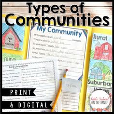 the types of communities are shown in this classroom bulletin board with writing and pictures on it