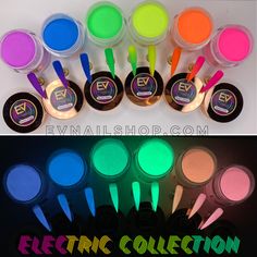 Electric Collection | EVNailshop Nail Polish Black, Neon Acrylic Nails, Pink Nail Colors, Neon Nail Polish, Pumpkin Nails, Makeup Artist Tips, Light Nails, Sinful Colors, Summery Nails