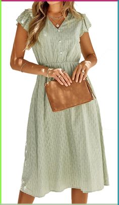 PRICES MAY VARY. FEATURES DESIGN - This women's casual summer dress features ruffled short sleeve, sexy v neck, button up, high waist, solid color, A line, mini dress, flowy dress, swing dress, midi sundress and casual beach sundress. MATCH TIPS - You can wear the dress singly and pair it well with earrings, wide-brim hat, high heels/flats/boots etc, that's will be very pretty!! You can wear a flat or walk barefoot on the beach, it would be a beautiful scenery. OCCASIONS - The summer sundress is Loose Summer Dress, Buttoned Dress, Picture Style, Short Sleeve Pattern, Weave Style, Mid Length Skirts, Butterfly Sleeves, Women's Boutique, Midi Dress With Sleeves