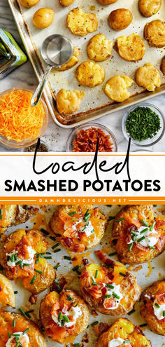 Loaded baked potatoes in bite-size form! Complete with toppings, these crispy smashed potatoes are a New Year recipe or an easy game day food everyone will enjoy. Put these smashed baby potatoes on your Super Bowl party ideas! Loaded Smashed Potatoes, Potato Appetizers, Crispy Smashed Potatoes, Mini Potatoes, Loaded Baked Potatoes, Smashed Potatoes, Baby Potatoes