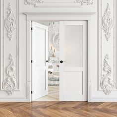 an empty room with white walls and wood flooring in the foreground, there is a door leading to another room