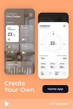 the home app for living room is displayed on an orange background