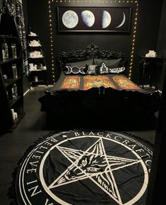 a bed with a pentagramus design on it