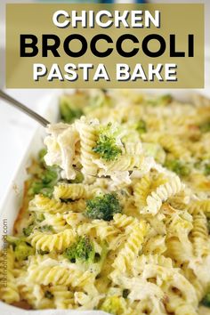 Creamy spiral pasta with broccoli and chicken in a white baking dish with a spoon. Chicken Broccoli Pasta Casserole, Chicken And Broccoli Pasta Bake, Dinners With Chicken, Broccoli Cheese Chicken, Chicken Broccoli Pasta Bake, Chicken And Broccoli Pasta, Using Rotisserie Chicken, Casserole With Chicken, Chicken Broccoli Bake