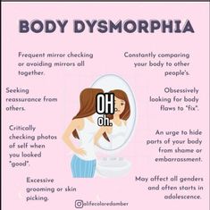 a woman looking in the mirror with her hand on her hip and body dysmophobia