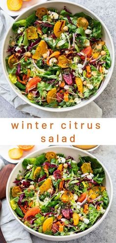 two bowls filled with salad on top of a white tablecloth next to an orange and green salad