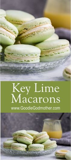 green macarons are stacked on a glass plate with the words key lime macaroons