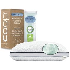 the eco mattress and pillow are next to each other, with an adhesiveable cooling pillow on top