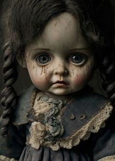 a creepy doll with blue eyes and long hair