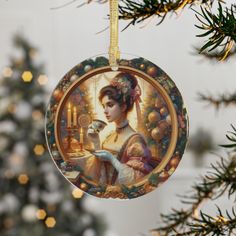 a christmas ornament with a woman holding a teapot in front of a christmas tree