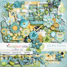 a blue and green digital scrapbook with flowers, leaves and other things in it