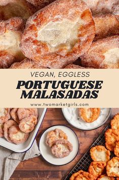 vegan eggless portuguese macadas with powdered sugar on top and in the background