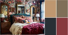 the bedroom is decorated in shades of red, pink and blue with floral wallpaper