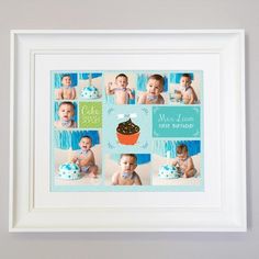 a white frame with a blue and green cake photo collage on it's side