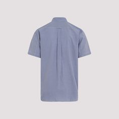 Junya Watanabe Blue Cotton Patchwork Shirt. Blue Cotton, Patchwork design, classic collar, short sleeves, front button fastening, straight hem, regular fit. Classic Short Sleeve Shirt With Welt Pockets, Formal Short Sleeve Tops With Pockets, Cotton Short Sleeve Shirt With Welt Pockets, Navy Polo Collar Shirt For Work, Classic Short Sleeve Tops With Welt Pockets, Short Sleeve Business Shirt For Summer, Navy Relaxed Fit Collared Short Sleeve Shirt, Navy Collared Short Sleeve Shirt With Relaxed Fit, Blue Collared Shirt With Welt Pockets