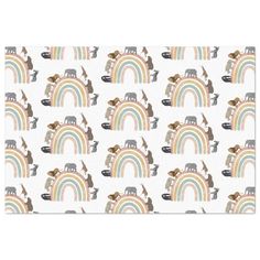 an animal themed placemat with rainbows and cats on it's sides in pastel colors