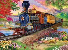 a painting of a train going down the tracks near flowers and trees with butterflies flying around