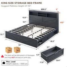 the king size storage bed frame is shown with measurements for each mattress and headboard