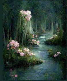 a painting of flowers in the middle of a river surrounded by trees and bushes with water running through it