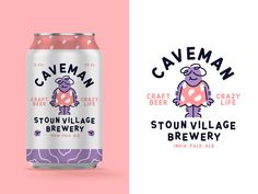 a can of caveman craft beer on a pink and white background