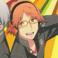 two anime characters are posing together in front of an abstract background with rainbows and lines