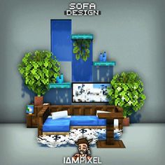 an image of a living room in minecraft with plants on the wall and furniture