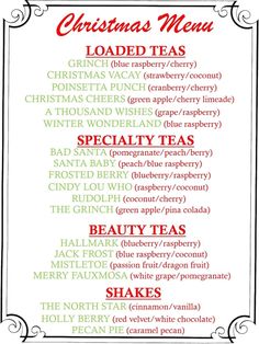 the christmas menu is shown in red and green