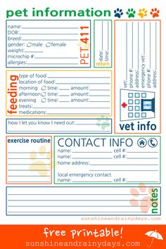 a printable pet information card with an orange border and the words, contact info