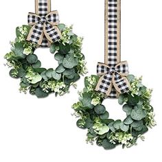 Faux Kitchen Cabinet Wreaths, 2 Pieces Small Pecuniary Eucalyptus Wreath 10 Inch Farmhouse Wreath Mini Kitchen Cabinet Wreaths for Door Window Chair Wall Decor (Black White Buffalo Plaid) ❀The pretty wreath set package includes 2 pieces of Faux Kitchen Cabinet Wreaths, each cabinet wreath comes with a faux burlap black and white plaid bow for your decorating needs everywhere. ❀Size to Fit Cabinets:Each Faux Kitchen Cabinet Wreaths measures about 25cm/10" outside diameter, 11cm/4.3" inside diamet Mini Kitchen Cabinet, Kitchen Cabinet Wreaths, Cabinet Wreaths, Kitchen Schemes, Boxwood Wreath Christmas, Window Chair, Farmhouse Boho Decor, Wreaths For Door, Wreath Kitchen