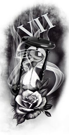 a black and white drawing of an hourglass with a rose on it's side