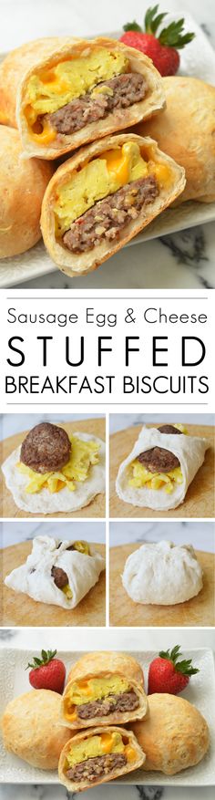 sausage egg and cheese stuffed breakfast biscuits with strawberries on the side - this recipe is so easy to make