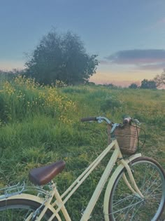 a white bicycle parked in the grass with a basket on it's handlebars