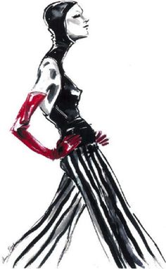 a drawing of a woman in black and white striped dress with red accents on her legs