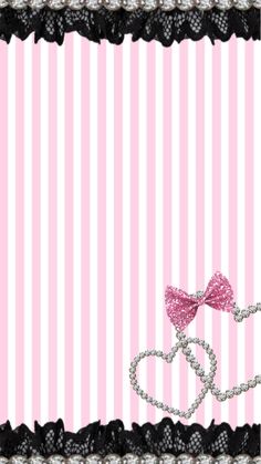 a pink and black striped background with a bow on the front, diamond necklace in the middle