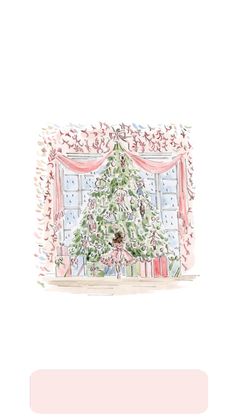 a drawing of a christmas tree in front of a window with pink curtains on it