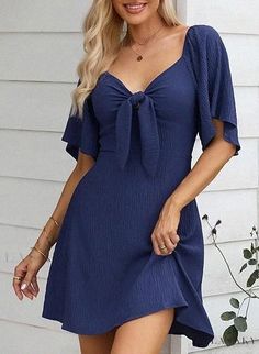 Lasaky - Bow-Tied Short Sleeve Lace-Up Mini Dress Jumpsuits Outfit, Blanket Dress, Navy Blue Midi Dress, Bow Tie Dress, Surplice Dress, Clothes Tops, Ladies Clothes, Midi Short Sleeve Dress, Short Sleeve Mini Dress