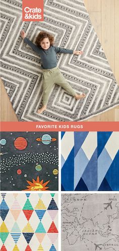 kids'rugs with different patterns and colors on them, including an area rug