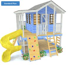 a child's play house with slide and climbing wall in the front, on white background