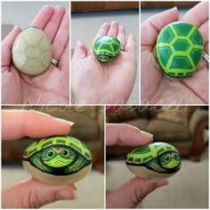 four pictures showing how to make turtle painted rocks