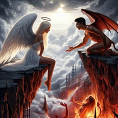 two angels sitting on the edge of a cliff, one with wings and another holding his hand out