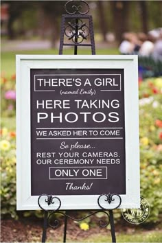 Vinyl Decal: "THERE'S A GIRL (named Maddy) HERE TAKING PHOTOS WE ASKED HER TO COME So please... REST YOUR CAMERAS. OUR CEREMONY NEEDS ONLY ONE Thanks!" **PLEASE NOTE NO BOARD or EASEL are INCLUDED - This is for the Decal ONLY Vinyl lettering wall decals are a popular choice for adding a personalized touch to a wedding, wedding reception, or party. These decals are made of vinyl material and are cut into letters or shapes that can be applied to a wall or other flat surface, such as; chalkboards, acrylic, mirrors, glass, tiles, and more. They can be customized with the couple's names and wedding date, or with a special messages or phrases, such as "love is in the air" or "happily ever after". These decals are easy to apply and can be easily removed without damaging the wall or surface once t No Phone Wedding, Unplugged Wedding Sign, Unplugged Ceremony, No Phone, Wedding Chalkboard Signs, Unplugged Wedding, Chalkboard Wedding, Future Wedding Plans, Cute Wedding Ideas