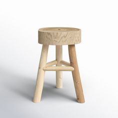 a stool made out of wood with two legs and a wooden seat on the top