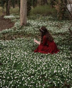 a woman in a red dress sitting on the ground surrounded by white flowers and trees