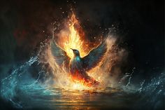 a painting of a bird on fire and water