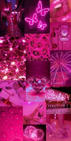 a collage of photos with pink and purple lighting in the background, including an advertisement for barbie's